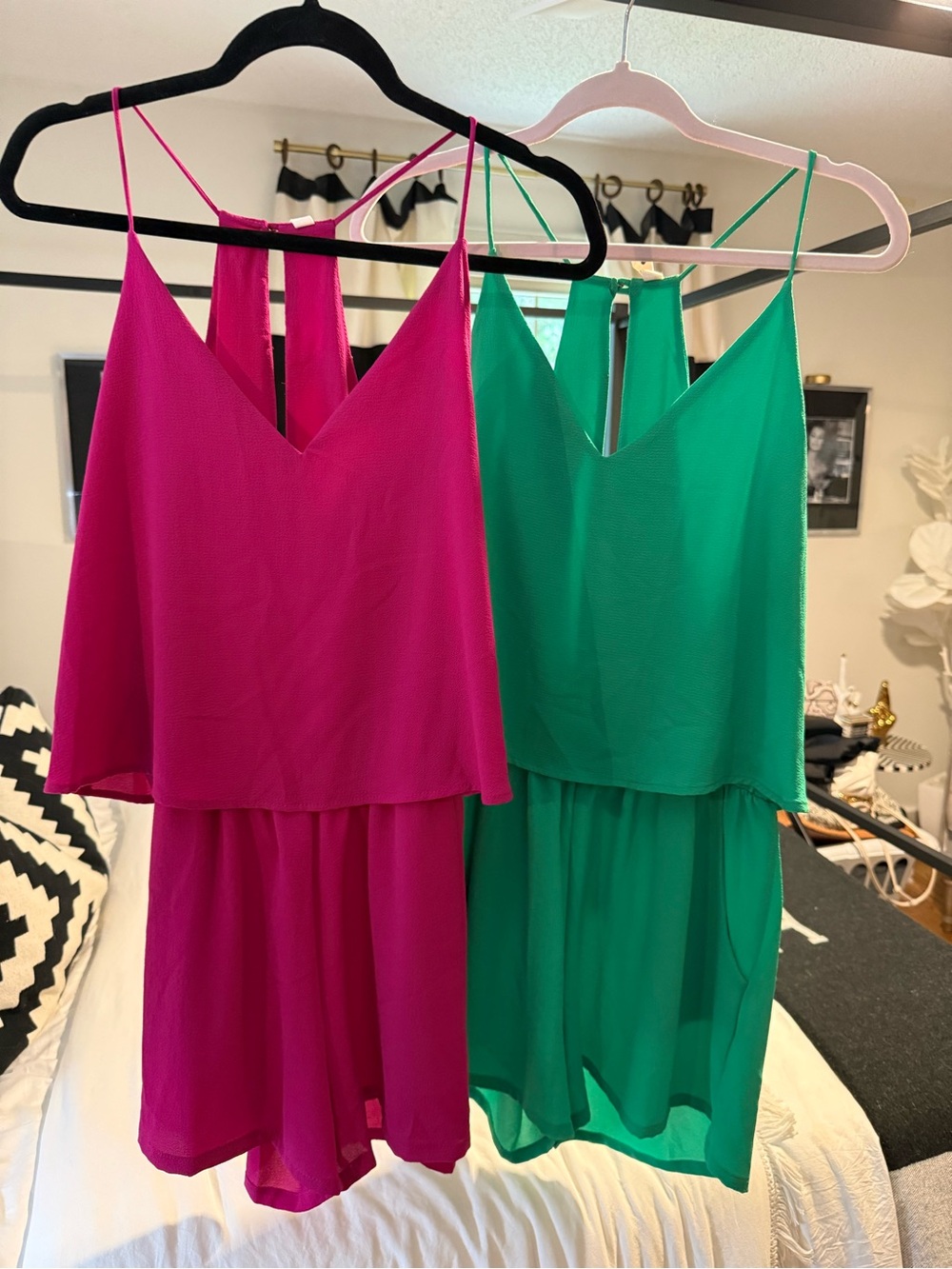 Gorgeous set of two Tyche lightweight rompers in vibrant pink and emerald green